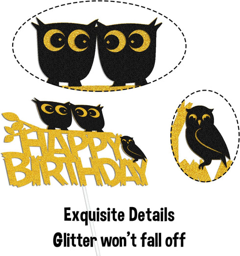 Owl Cake Topper Happy Birthday Sign Cake Decorations for Owl Themed Kids Boy Girl Birthday Baby Shower 1st Bday Party Supplies Gold GoldSparkle Dé...