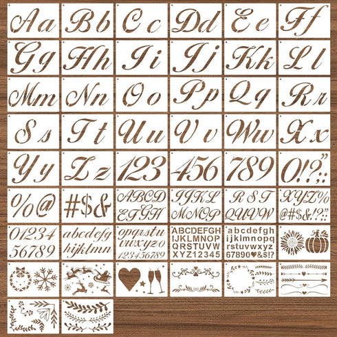 BAMIDELE Letter Stencils for Painting on Wood, 50 Pcs Calligraphy Alphabet Drawing Templates with Numbers, Signs, Flowers, Reusable Cursive Plasti...