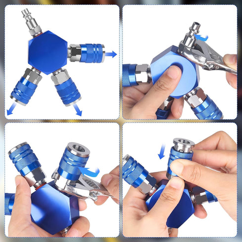 Connect Fittings Air Splitter, 1/4 Inch NPT 3-Way Air Manifold With 3 Pieces Brass Industrial Quick 1/4NPT Couplers And Plug, Hex Style Air Compre...