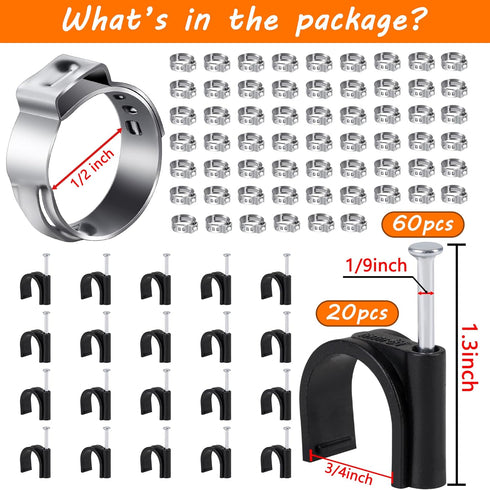 80PCS 1/2inch Stainless Steel Pex Cinch Clamp Rings plus 3/4inch Half Clamp J-Hook with Nails for Pex Tubing Pipe...