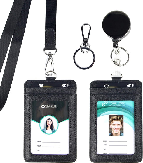 ID Badge Holder with Two ID Windows, 2 Pack Vertical PU Leather Badge Card Holder with 1 Heavy Duty Retractable Reel & 1 Lanyard & 1 Keychain Clip...