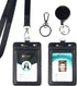 ID Badge Holder with Two ID Windows, 2 Pack Vertical PU Leather Badge Card Holder with 1 Heavy Duty Retractable Reel & 1 Lanyard & 1 Keychain Clip...