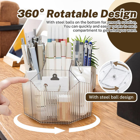 Clear Rotating Pen Holder 5 Compartments, 360 Degree Spinning Desk Organizer, Office Marker Crayon Organizer Storage, Pencil Cup Caddy for Art Sup...