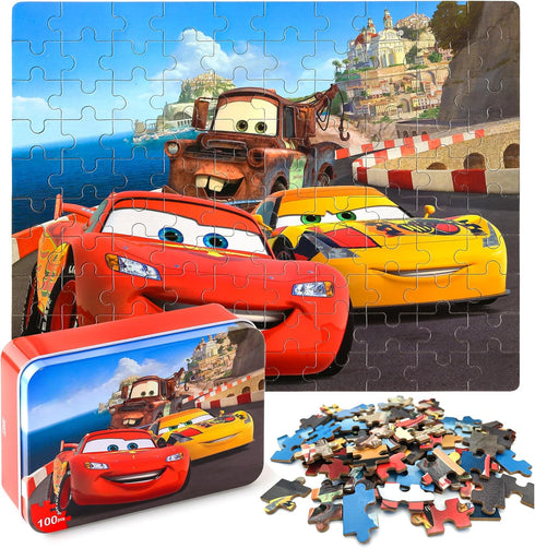 LELEMON Cars 100 Pieces Jigsaw Puzzles for Kids Ages 4-8 Lightning Puzzles in Metal Box, Children Learning Educational Puzzles for Boys and Girls...