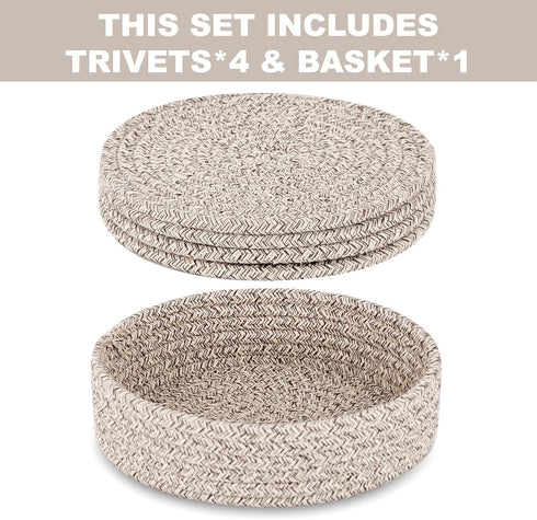Trivets for Hot Dishes, Trivets for Hot Pots and Pans, Cotton Coasters 4 Pcs and Storage Basket 1 Pack, Pot Holders for Kitchen, Hot Pads for Tabl...