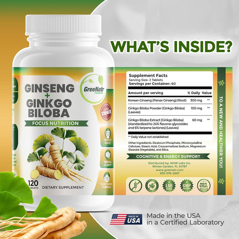 Ginko Biloba & Panax Ginseng Supplement - Red Ginseng Brain Supplement for Memory and Focus - Ginkgo Biloba Supplements for Good Vision, Immune Sy...
