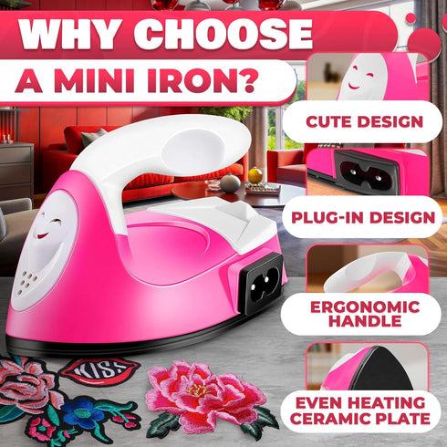 Mini Iron for Crafting 2.3" x 3.9" – Cute Mini Craft Iron for Patches, Sewing, Quilting with Quick Heat-Up Ceramic Plate & 59" Cord – Designed for...