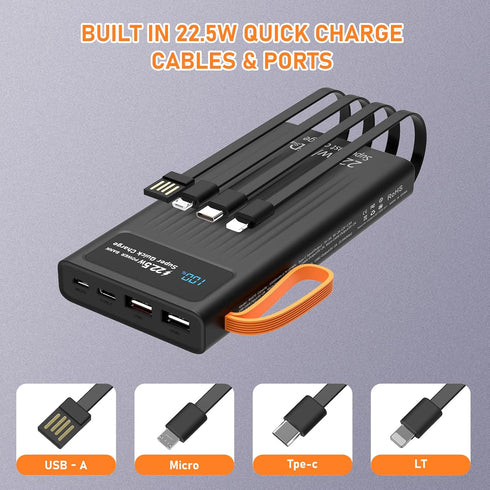 Portable Charger with Built in Cables,10000mAh Power Bank with LED Lamp 22.5W Fast Charging USB C External Battery Pack Phone Charger with LED Dis...