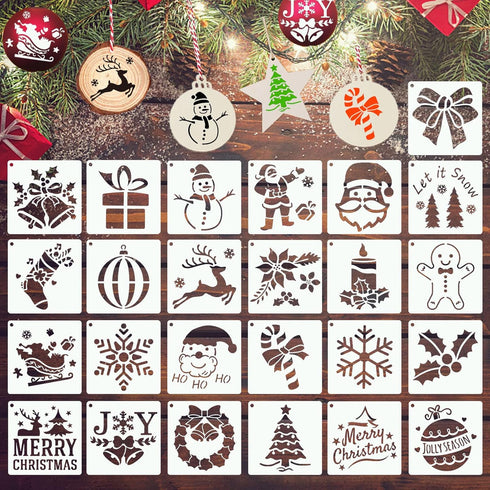 25Pcs Christmas Stencils 4x4 Inch for Painting on Wood Slice, Fabric, Paper, Windows, Cards, DIY Christmas Ornaments, Reusable Merry Christmas & S...