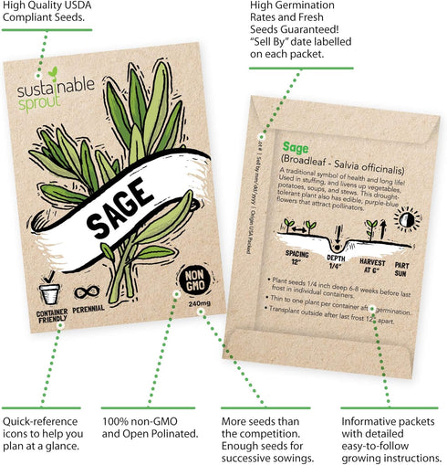Sustainable Sprout 15 Heirloom Culinary Herb Seeds Variety Pack: Basil,Cilantro, Parsley, Chives,Thyme, Oregano, Dill,Rosemary, Arugula,Tarragon, ...