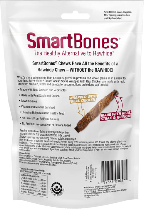 SmartBones Sticks Wrapped with Real Chicken, Steak and Quinoa Rawhide-Free Chews for Dogs, 5 Chews Per Pack, 4.4 Ounces...