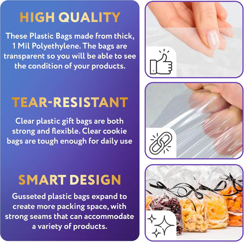 APQ Clear Gusseted Poly Bags, 4 x 2 x 10 Inch. Pack of 100 Gusseted Plastic Bags 1 Mil Thick for Favors with Open Top. Clear Plastic Bags for Pack...