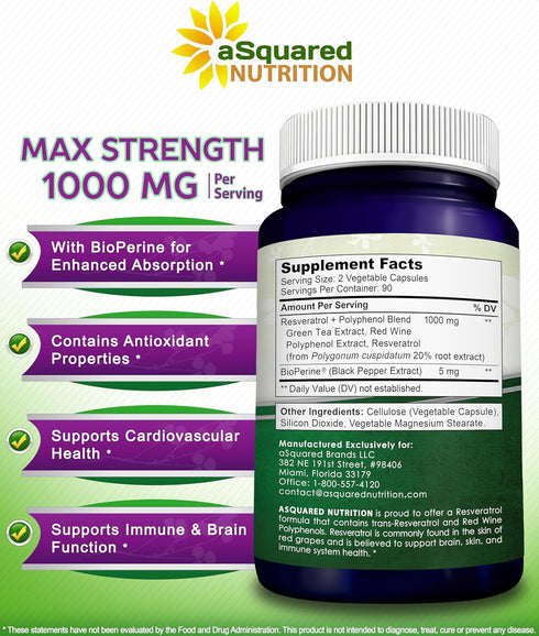 aSquared Nutrition Natural Resveratrol with Red Wine Extract - 180 Capsules - Trans Resveratrol Antioxidant Supplement Pills for Pure Heart Health...