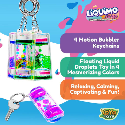 YoYa Toys Liquimo To Go Toys for Kids - Set of 4 Liquid Motion Bubbler Keychains - Liquid Timer for Play, Calming Toy for Kids, Fidget Keychain, S...
