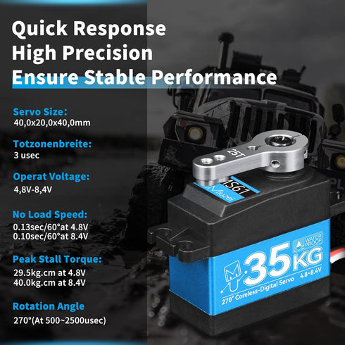 Miuzei 35kg High Torque RC Servo, Coreless Servo Motor Metal Gear Digital Waterproof Steering Servo for Arduino 1/8 1/10 RC Car Robotic DIY 270 De...