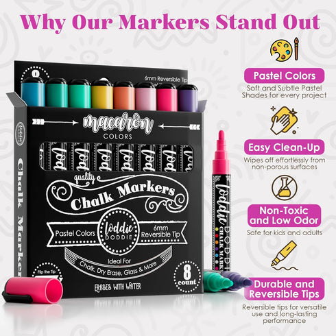 Loddie Doddie Liquid Chalk Markers - 8 Count, 6mm Reversible Chisel & Bullet Tips - Erasable Macaron Pastel Pens for Chalkboard & Acrylic Calendar...