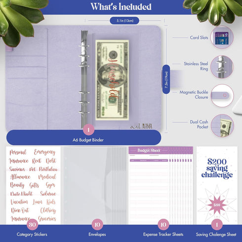 SOUL MAMA Budget Binder with Cash Envelopes - Purple Money Organizer for Cash, A6 Binder Cash Envelopes for Budgeting, Money Saving Binder with Ro...