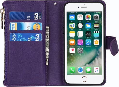 Jaorty Compatible with iPhone 7/8/iPhone SE 2nd 2020/iPhone SE 3rd 2022 Wallet Case, 9 Card Slots, Zipper Cash Pocket, Magnetic Leather Cover, Sho...