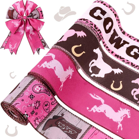 4Rolls Cowgirl Wired Edge Ribbon Pink Bandana Rodeo Horse Racing Themed Fabric Ribbon for Western Cowgirl Birthday Party for Gift Wrapping Hair Bo...