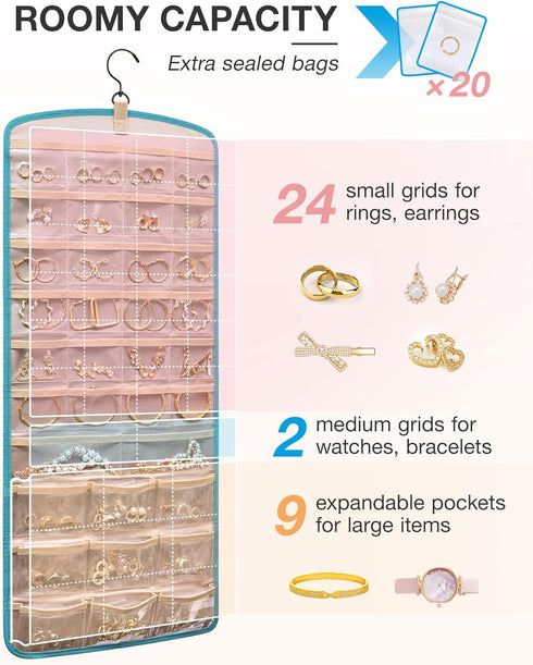 BAGSMART Hanging Jewelry Organizer, Necklace Holder Anti-tangle Earrings Rings Hanger with 20 Jewelry Bags Travel Storage Roll with Pockets Hang o...