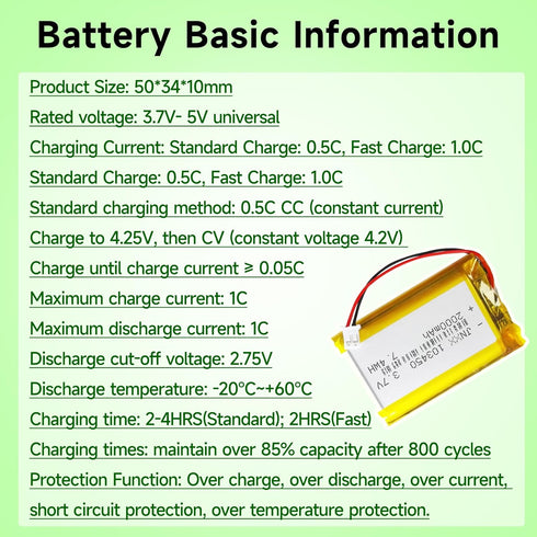 103450 3.7v 2000mah Lipo Polymer Lithium Rechargeable Battery for Can Replace 103454 963450 Lipo Battery...