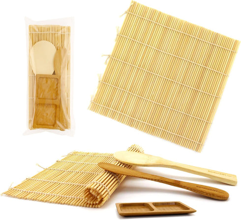 BambooMN Sushi Making Kit Rolling Mats, Rice Paddle, Spreader, Sauce Dish...