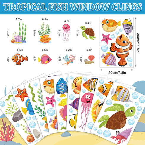 9 Sheets Summer Window Clings Ocean Themed Tropical Fish Window Decals Sea Life Double-Sided Window Decals for Summer School Home Office Bathroom ...