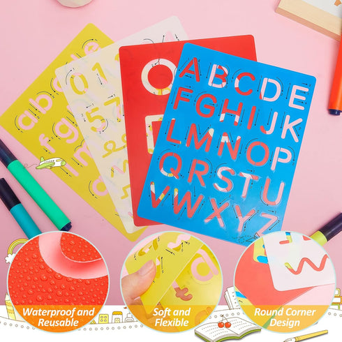 8 Pieces Preschool Letters and Numbers Alphabet Stencils Colorful Double Sided Tracing Board PET Paint Boards for Painting with Craft Markers Mark...