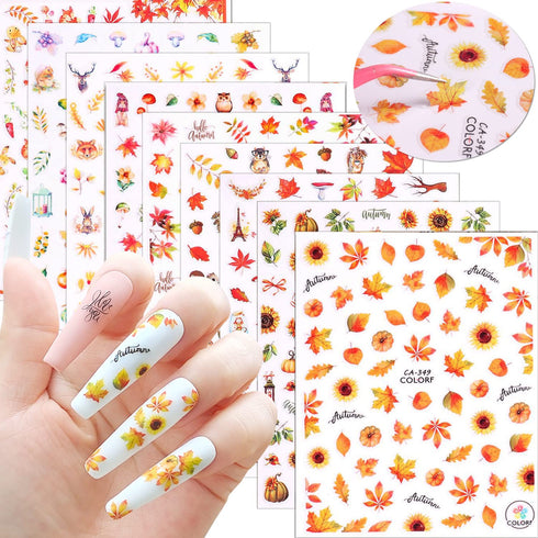 Fall Nail Art Stickers 3D Self-Adhesive Thanksgiving Nail Art Supplies Maple Leaf Nail Stickers Pumpkin Leaf Squirrel Sunflower Flower Designs Nai...