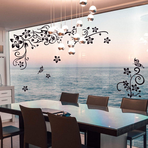 LiveGallery Removable Black Vinyl Flowers Wall Decals DIY Flower Vines and Butterfly Wall Stickers Decor Peel Stick Art Decoration for Teens Room ...