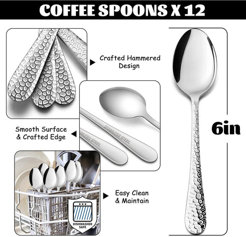 E-far 12-Piece Coffee Spoons, 6-Inch Stainless Steel Espresso Spoons, Small Metal Spoons for Coffee/Sugar/Tea, Hammered Design & Rust Free, Dishwa...