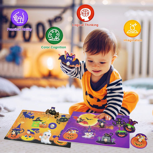 2Pcs Halloween Wooden Peg Puzzles, Halloween Toys for Toddlers Educational Puzzle Kids Halloween Party Favors Halloween Basket Stuffers Fillers Fa...