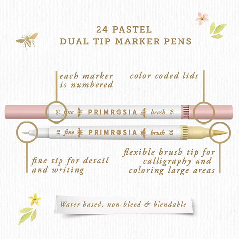Primrosia 24 Pastel Dual Tip Markers, Fine Tip and Brush Pens. Perfect for art, illustration, drawing, calligraphy and bullet journals...