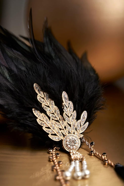 BABEYOND Art Deco 1920's Flapper Great Gatsby Inspired Leaf Medallion Pearl Headband Black Feather...