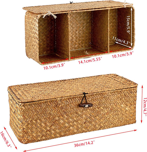 Sumnacon Small Woven Basket for Shelf Wicker Shelf Storage Basket with Sections Seagrass Storage Basket with Lid for Tampon Toiletry Rectangular S...