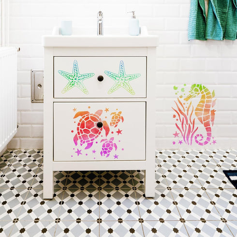 Ocean Stencils for Painting On Wood Turtle Seahorse Starfish Jellyfish Templates for Art Crafts Plastic Reusable Wood Burning Stencils for Wall Ca...