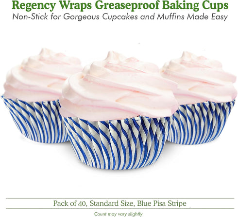 Regency Wraps Greaseproof Professional Grade Baking Cups, Pack of 40, Standard Liners, Blue Pisa Stripe, for Cupcakes, Muffins, Candy, Non Stick...