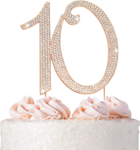 10 Cake Topper - Premium Rose Gold Metal - 10th Birthday or Anniversary Party Sparkly Rhinestone Decoration Makes a Great Centerpiece - Now Protec...