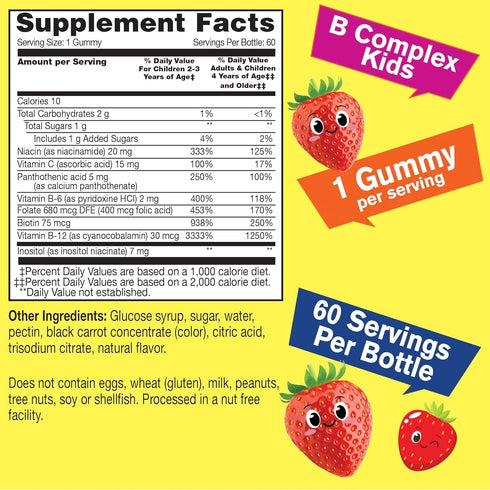 B Complex Gummies for Kids - with Vitamin C, Niacin, Vitamin B6, Folic Acid, Vitamin B12, Biotin & Pantothenic Acid - 2 Month Supply - Strawberry ...
