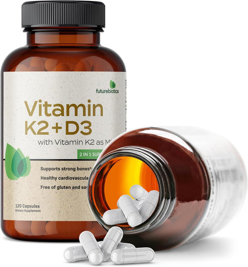 Futurebiotics Vitamin K2 (MK7) with D3 Supplement - Non-GMO Formula - 5000 IU Vitamin D3 & 90 mcg Vitamin K2 MK-7, 120 Vegetarian Capsules...