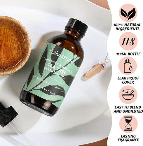 Folkulture Tea Tree Oil for Skin - 4 Fl Oz - 100% Pure, Natural and Undiluted Tea Tree Essential Oil, Premium Grade with Glass Dropper, Organic Oi...