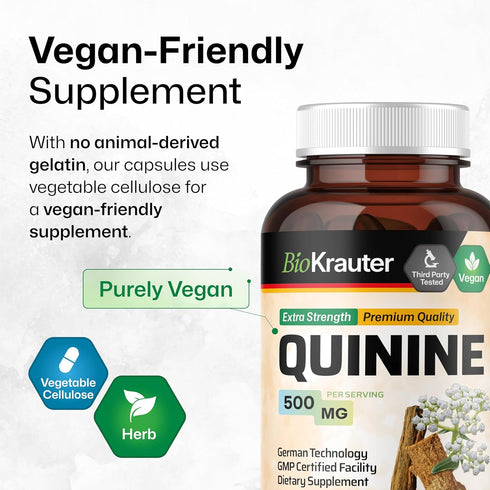 BIO KRAUTER Quinine for Leg Cramps Capsules 500 mg - 100 Count - Cinchona Bark Powder - Quinine Capsules - Vegan, No Fillers...