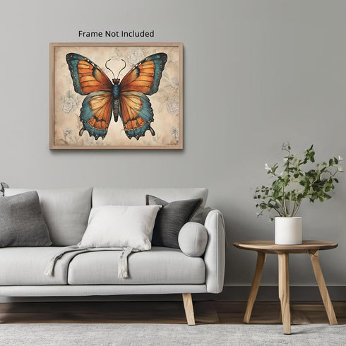 Posterizer 1 pcs- Orange and blue butterfly with small flowers-Art for Animal Lovers-Floral Botanical Art- Gift for Men Women -Decor for Bedroom, ...