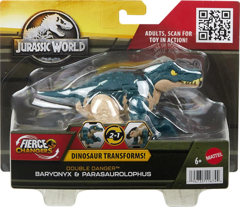 Mattel Jurassic World Fierce Changers 2-in-1 Dinosaur Figure, Double Danger Transforming Toy, Baryonyx to Parasoralophous, 11 Steps...