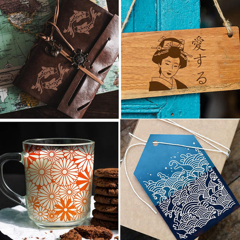 OLYCRAFT Japanese Traditional Style Self-Adhesive Silk Screen Printing Stencil Oriental Theme Mesh Transfers Silk Screen Reusable Stencil for Pain...