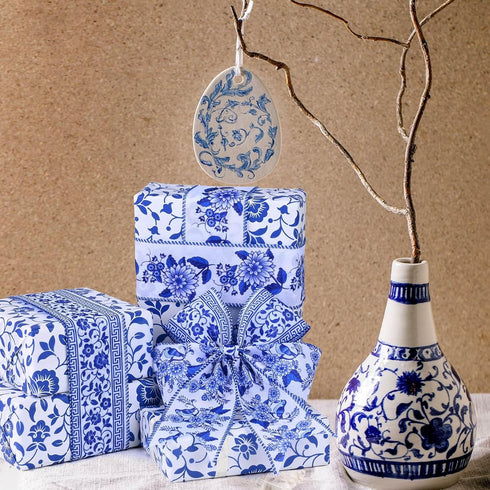 30 Yards Christmas White and Blue Wired Edge Ribbon Chinoiserie Ribbon Floral Bird Ribbon Fabric Ribbons for Crafts Wedding Wreath Bow Wrapping 2....