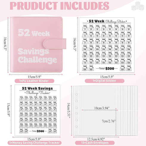 52 Week Money Saving Challenge Binder, A7 Savings Challenges Books with Cash Envelopes, Pink Budget Binder for Planning and Saving $500...