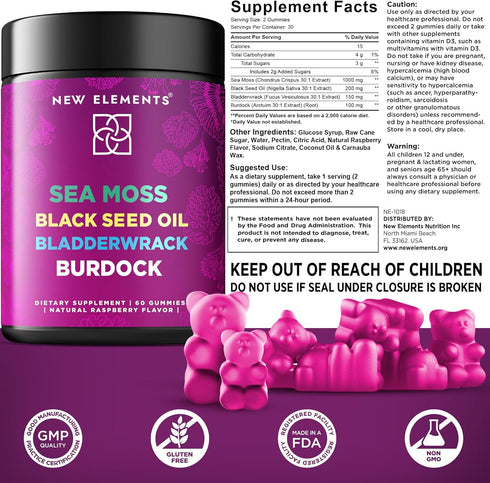 Organic Sea Moss Gummies with Black Seed Oil, Bladderwrack & Burdock Root | Irish Sea Moss Supplement 1000mg | 4 in 1 Advanced Formula 4X Stronger...