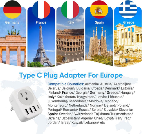 European Travel Plug Adapter, RATEA International Power Plug Adapter with 3 USB Type A, 1 Type C Outlet Adaptor Charger for US to Most of Europe E...