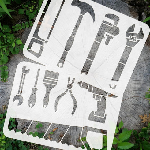 FINGERINSPIRE 4PCS Tool Painting Stencil 8.3x11.7inch Large Hammer Wrench Pliers Drawing Template Reusable Wrench Screwdriver Saw Stencil for Pain...